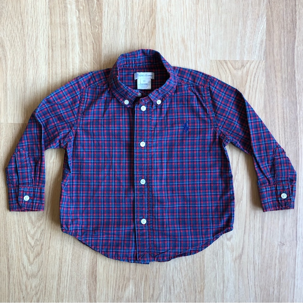 EUC Ralph Lauren Baby Boy Collared Button Down Shirt-Red,White,Green+Blue Plaid